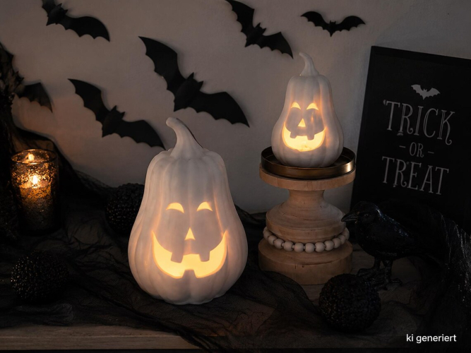 Preview: 2er Set LED Halloween-Kürbisse aus Porzellan – leuchtende Kürbis-Deko in Warmweiß