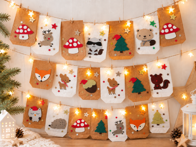 Handgemachter Adventskalender mit Waldtieren – 24 Papiertüten in Weiß & Braun