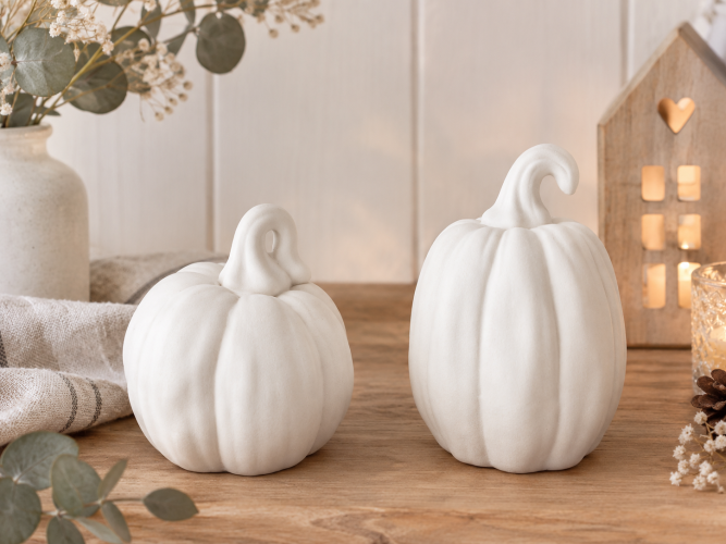 Preview: 2er Set LED Kürbisse Weiß Matt – Warmweißes Licht – Herbst- & Halloween-Deko