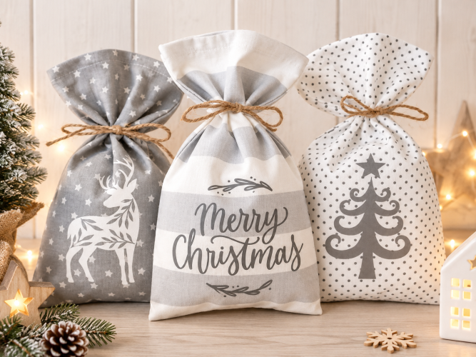 Set 3 Stoffbeutel Weihnachten aus Baumwolle – Geschenkbeutel grau/weiß