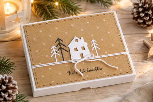 Handgemachte Weihnachts-Geschenkbox mit liebevoller Dekoration - Haus + Tannen