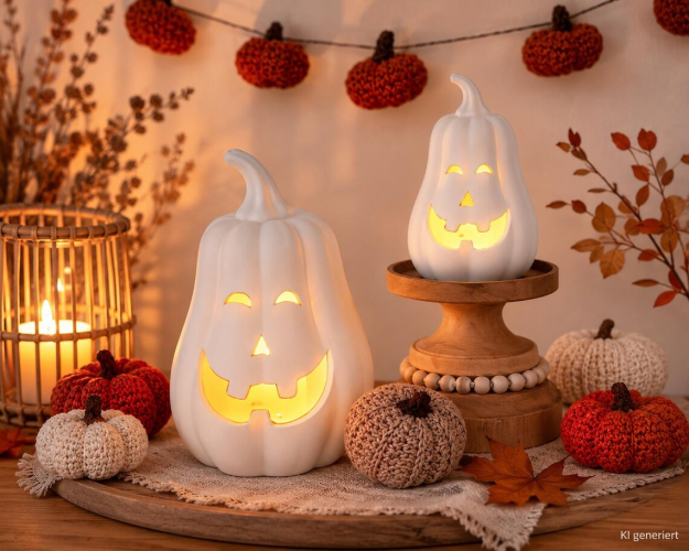 2er Set LED Halloween-Kürbisse aus Porzellan – leuchtende Kürbis-Deko in Warmweiß