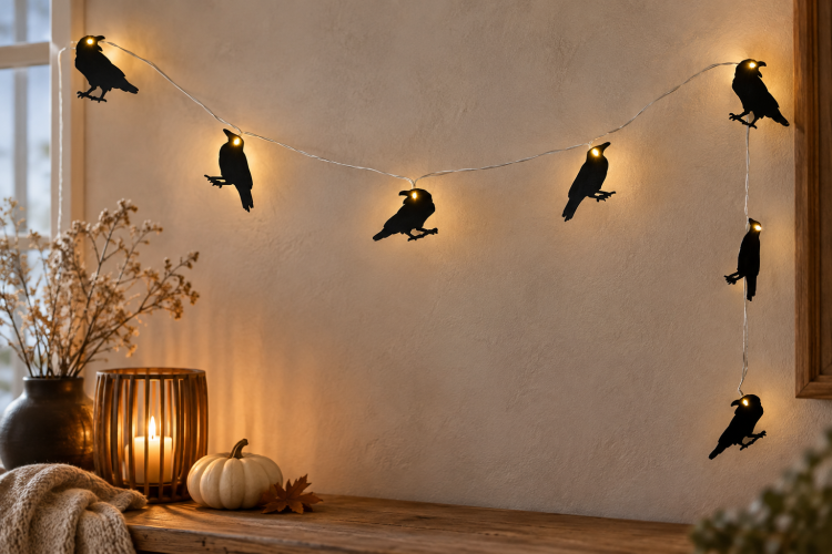 Preview: Raben-Lichterkette 2 m – Schwarze Raben – Halloween Deko – Gothic & Grusel Dekoration