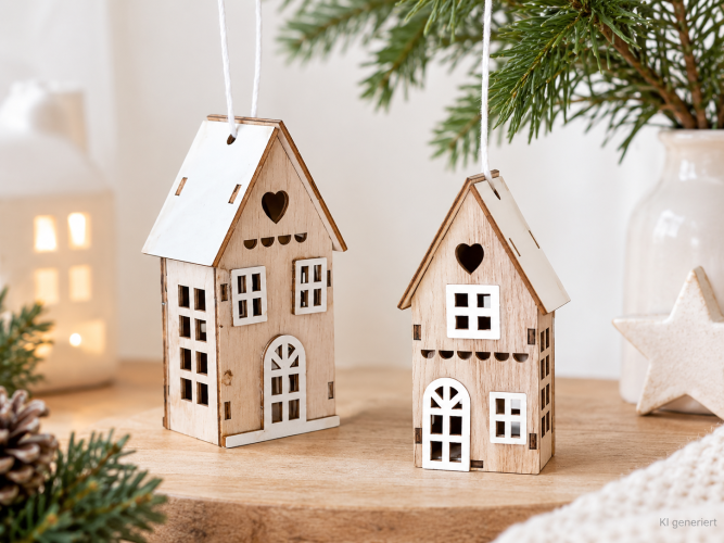 Holz-Haus-Anhänger 2er-Set – nordische Weihnachtsdeko