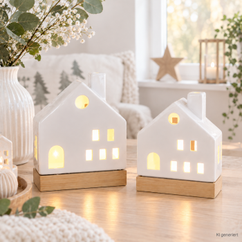 2er Set LED Häuser aus weißem Porzellan mit Holzsockel – warmweiß