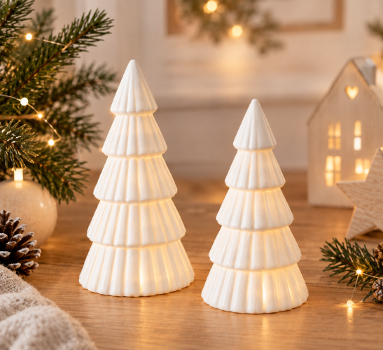Keramik Tannen 2er Set mit LED Licht – weiße Weihnachtsdeko, matt