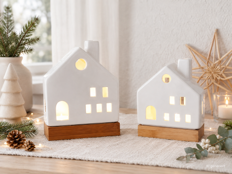 Preview: 2er Set LED Häuser aus weißem Porzellan mit Holzsockel – warmweiß