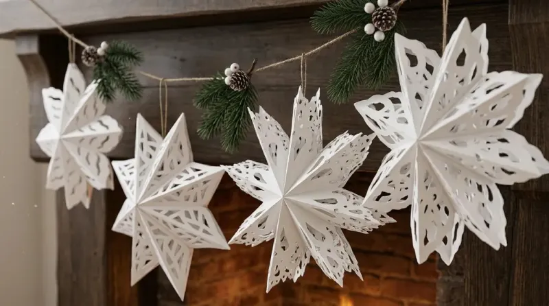 Preview: 4er Set Papier-Schneeflocken mit Magnetverschluss – Weihnachtsdeko zum Aufhängen, Fensterdeko
