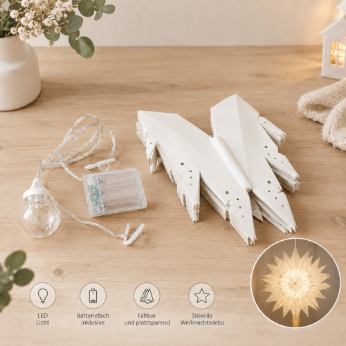 Preview: Papierstern 58 cm LED beleuchtet – großer Weihnachtsstern aus Papier, warmweiß mit Timer