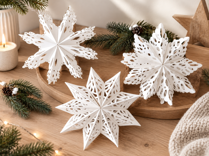 3er Set Papiersterne Weihnachten – weiße 3D Weihnachtsdeko im Skandi-Stil