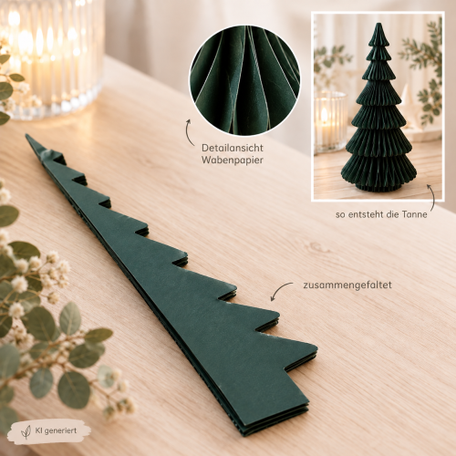 Preview: Papier-Wabentanne dunkelgrün 13 x 30 cm – zusammenfaltbarer Tannenbaum mit Magnetverschluss