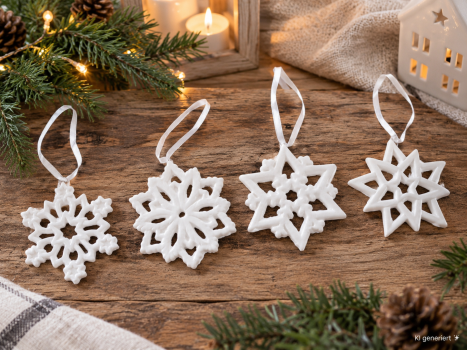 Preview: 4er Set Schneekristalle aus Porzellan – matt weiß, ca. 8 cm