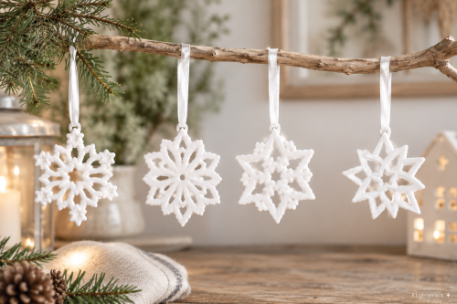 4er Set Schneekristalle aus Porzellan – matt weiß, ca. 8 cm