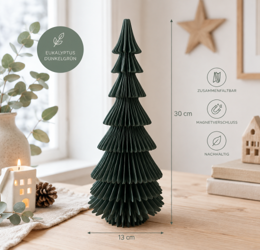 Preview: Papier-Wabentanne dunkelgrün 13 x 30 cm – zusammenfaltbarer Tannenbaum mit Magnetverschluss