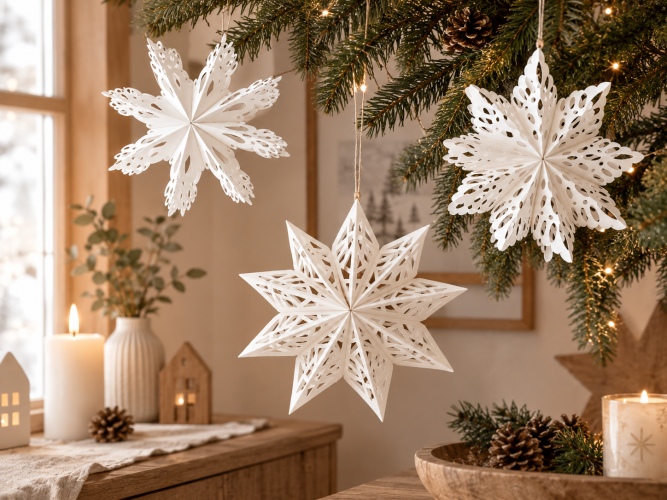 Preview: 3er Set Papiersterne Weihnachten – weiße 3D Weihnachtsdeko im Skandi-Stil
