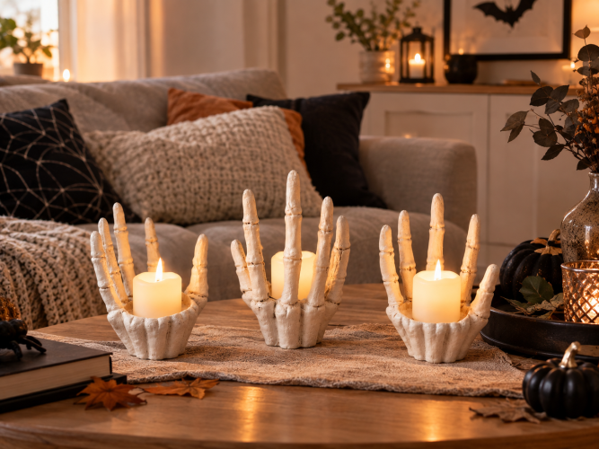 Preview: LED-Kerzenhalter Hand aus Polyresin – Halloween Deko – ausschließlich für LED-Kerzen