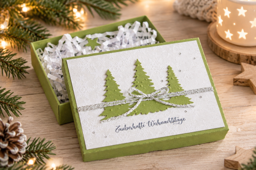 Handgemachte Weihnachts-Geschenkbox mit Tannen & silberner Kordel