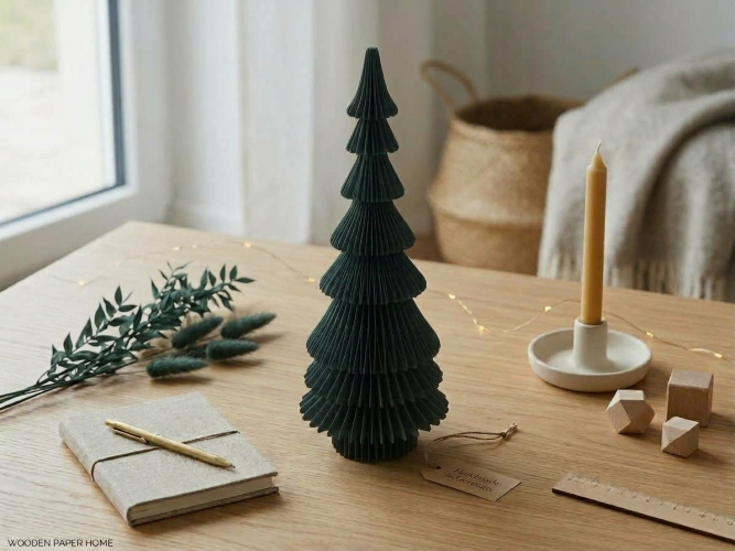 Preview: Papier-Wabentanne dunkelgrün 13 x 30 cm – zusammenfaltbarer Tannenbaum mit Magnetverschluss