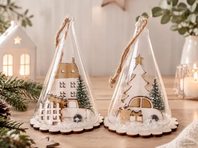 Weihnachtlicher Glasanhänger Tanne mit Wintermotiv – Weihnachtsdeko in Gold, Natur & Grün