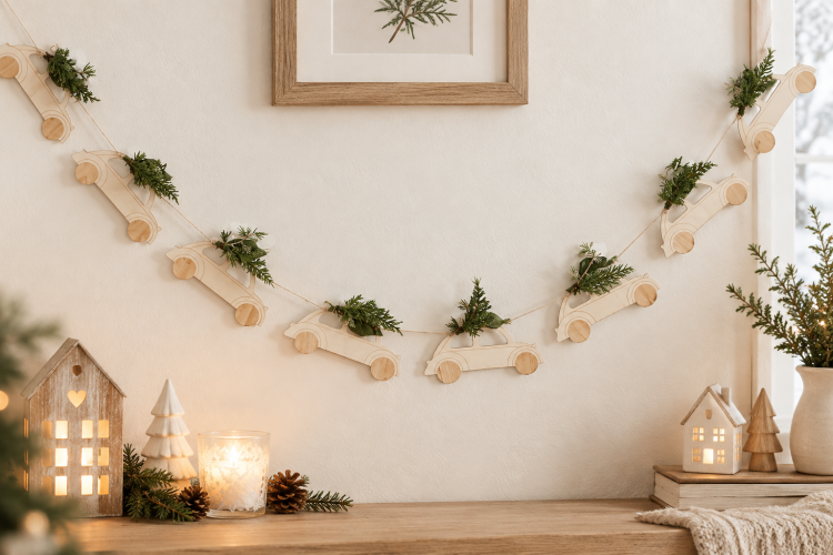 Weihnachtsgirlande mit Holzautos – Skandinavische Weihnachtsdeko