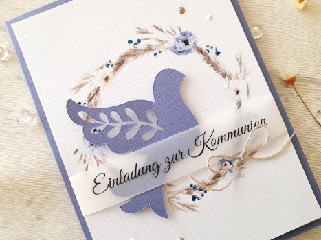 Einladung Kommunion Taube lavendel