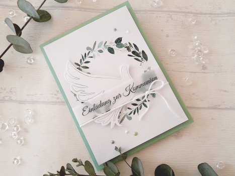 Einladungskarte Kommunion grün Taube