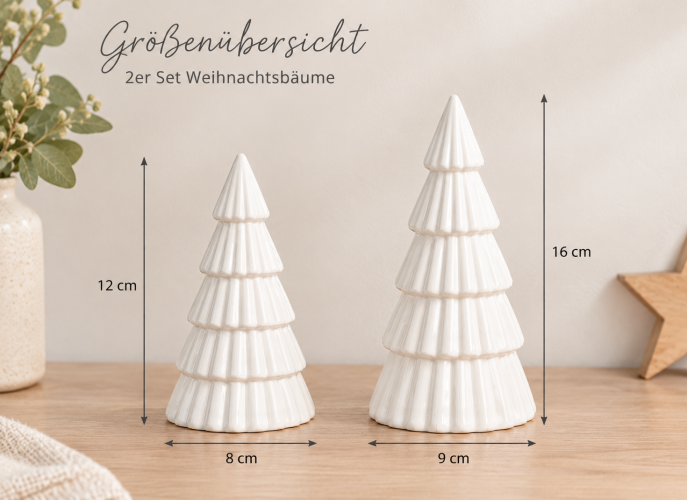 Preview: Keramik Tannen 2er Set mit LED Licht – weiße Weihnachtsdeko, matt