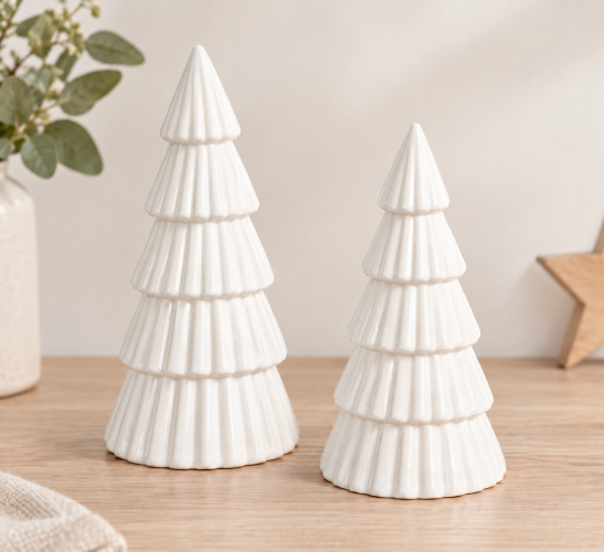 Preview: Keramik Tannen 2er Set mit LED Licht – weiße Weihnachtsdeko, matt