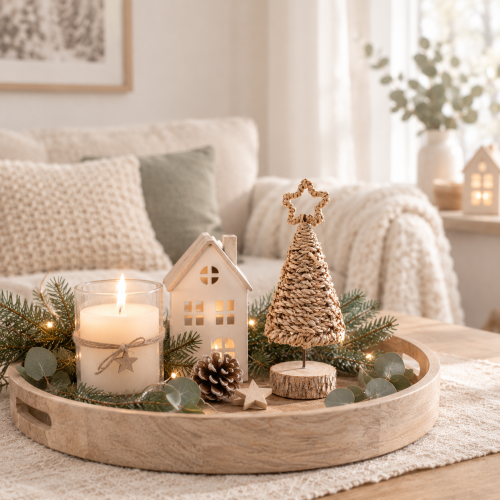 Preview: Geflochtener Weihnachtsbaum in natürlicher Bastoptik mit Holzsockel und dekorativem Stern