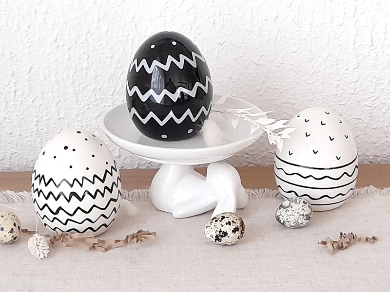 3er Set Ostereier Keramik schwarz-weiß