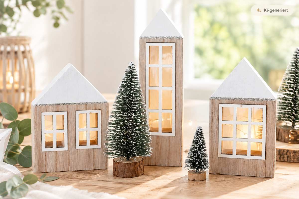 3er Set Holzhäuser mit weißen Dächern und goldenem Rand – Weihnachtsdeko