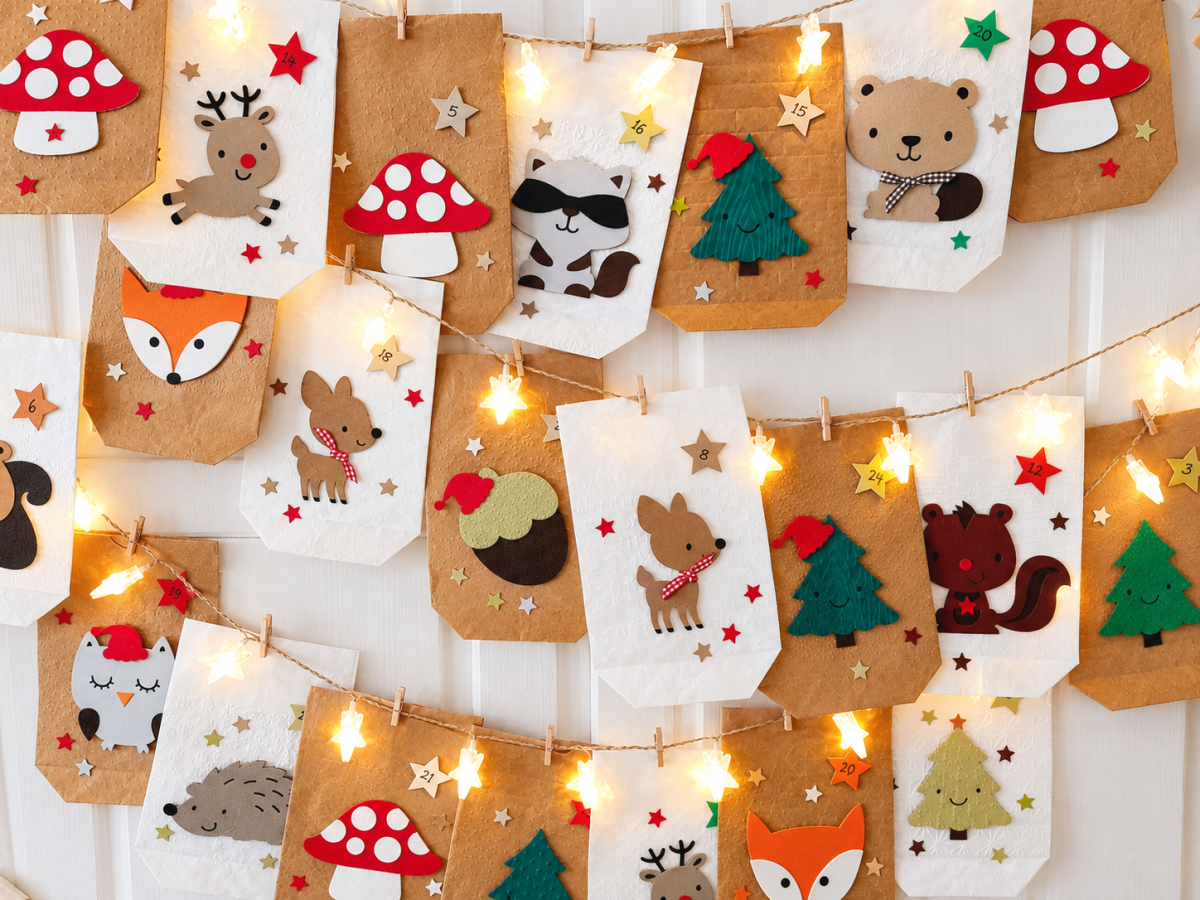 Handgemachter Adventskalender mit Waldtieren – 24 Papiertüten in Weiß & Braun