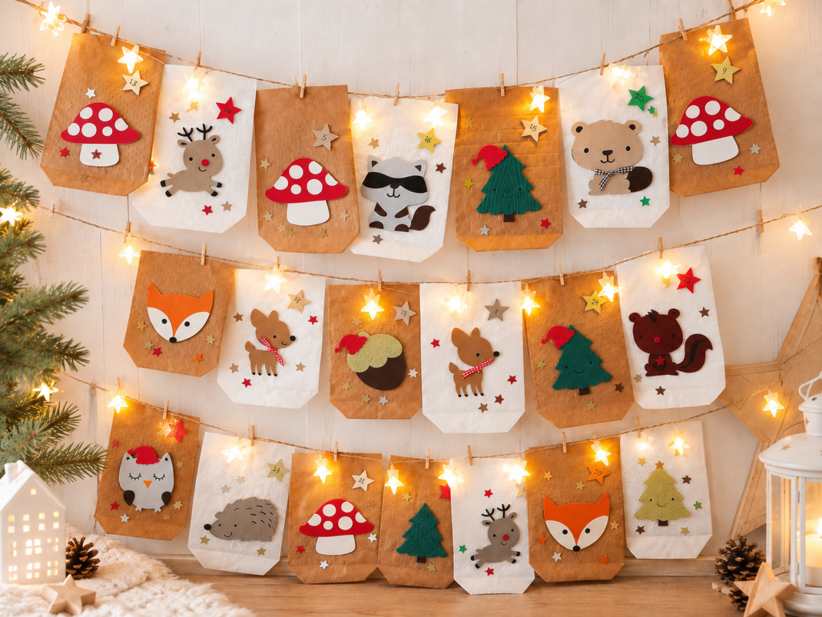 Handgemachter Adventskalender mit Waldtieren – 24 Papiertüten in Weiß & Braun