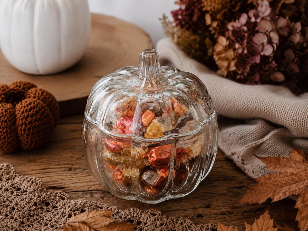 Glas-Kürbis mit Deckel – edle Herbstdeko, Kürbisschale & Halloween Dekoration