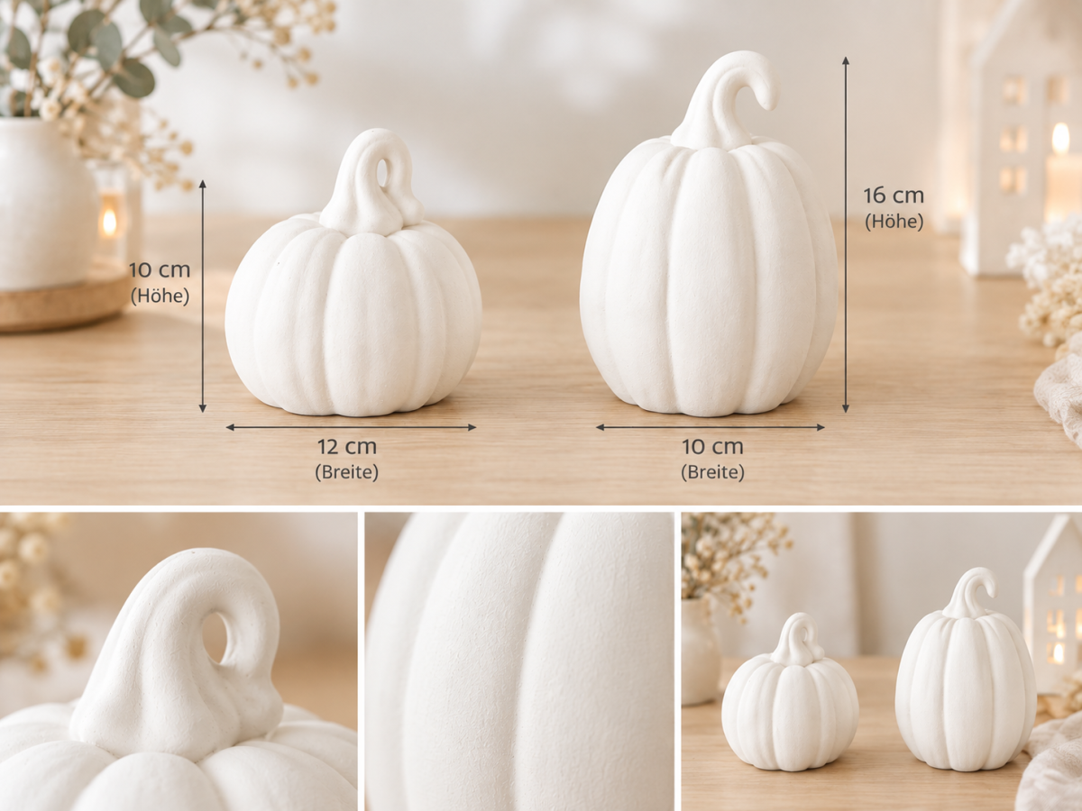 2er Set LED Kürbisse Weiß Matt – Warmweißes Licht – Herbst- & Halloween-Deko