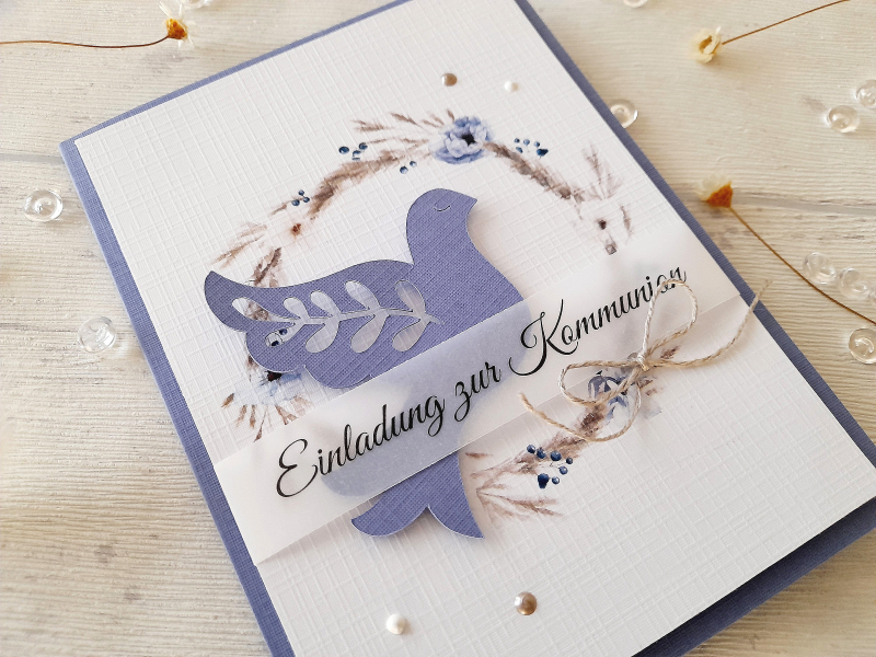 Einladung Kommunion Taube lavendel