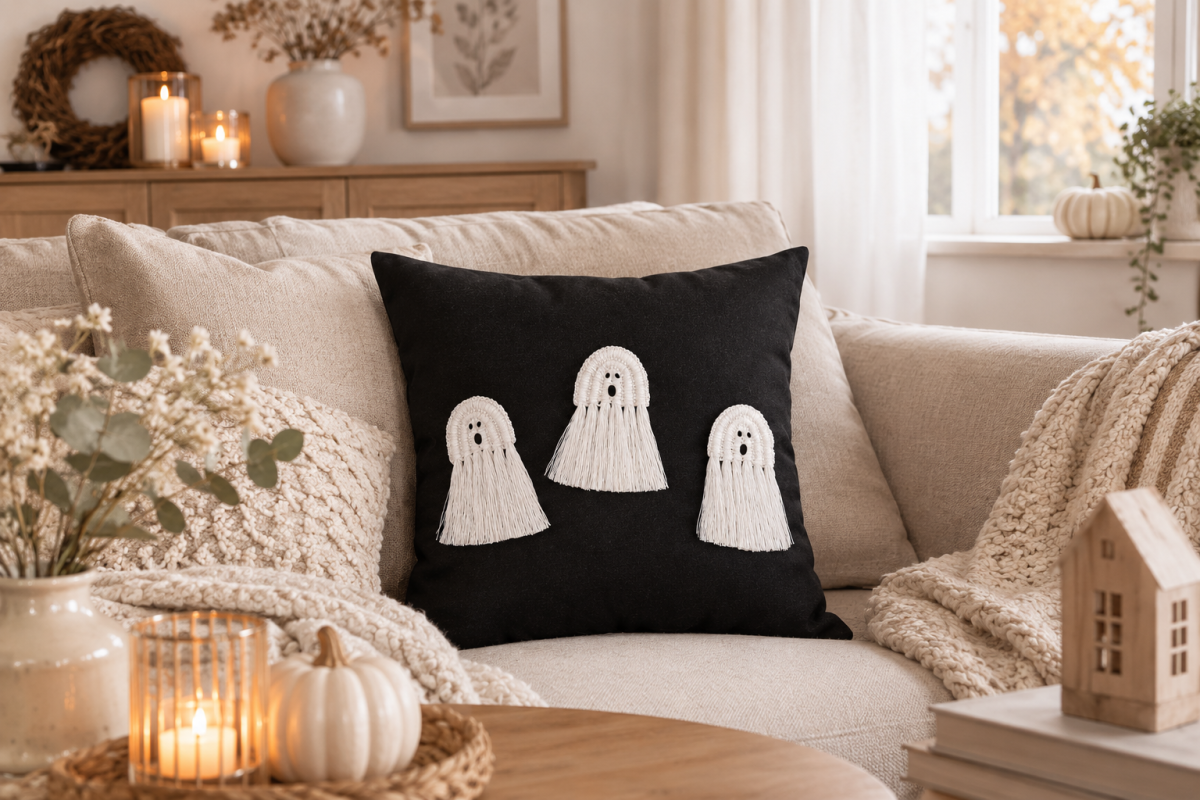 Handgefertigter Kissenbezug Halloween Geister 40x40 cm – schwarzes Dekokissen