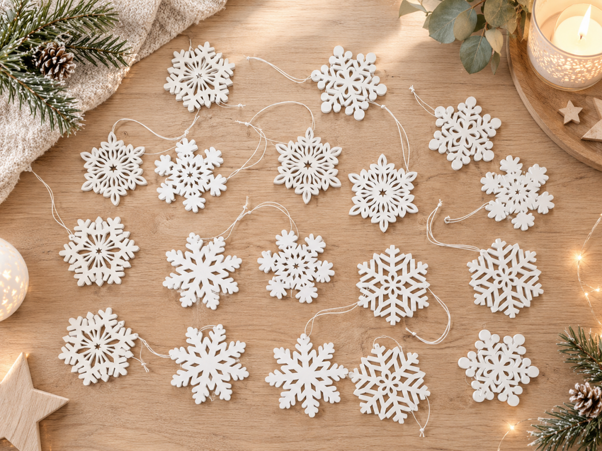 18 weiße Holz Schneeflocken 7 cm – filigrane Weihnachtsdeko zum Basteln und Dekorieren