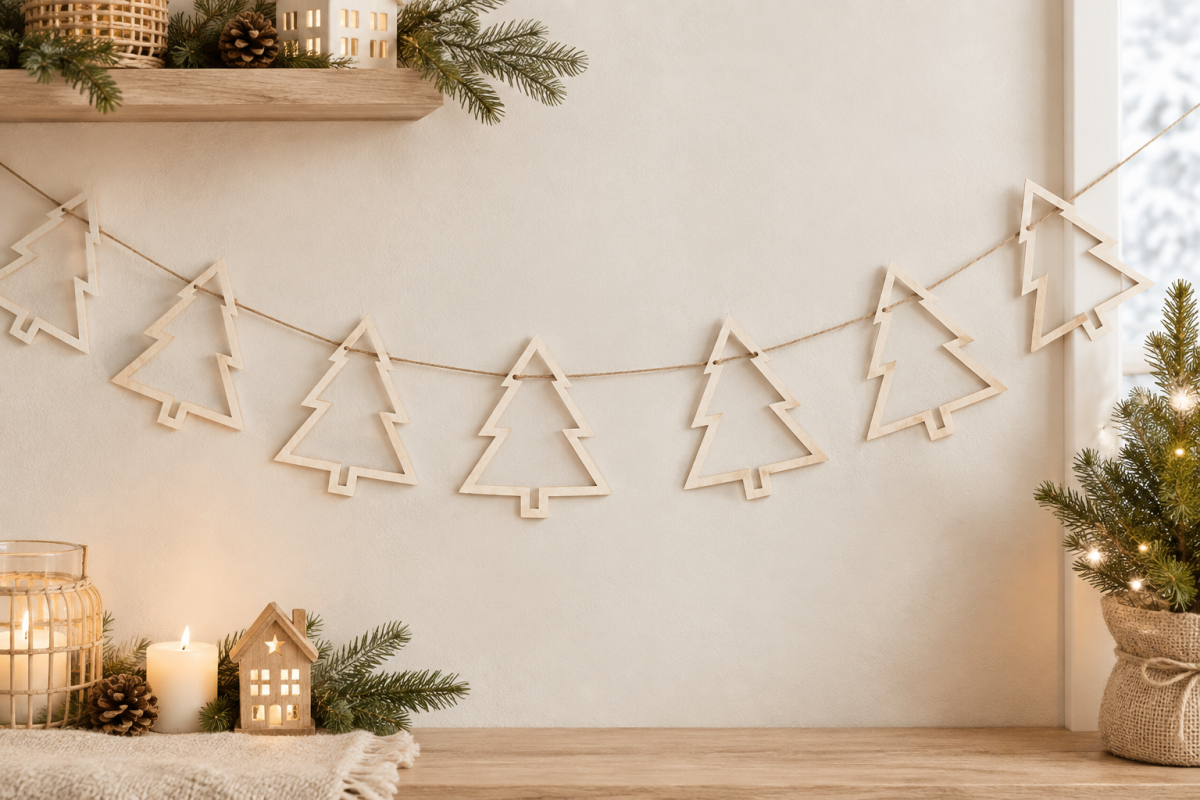 Holz Tannenbaum Girlande – 8 Tannen aus Holz – Skandinavische Weihnachtsdeko
