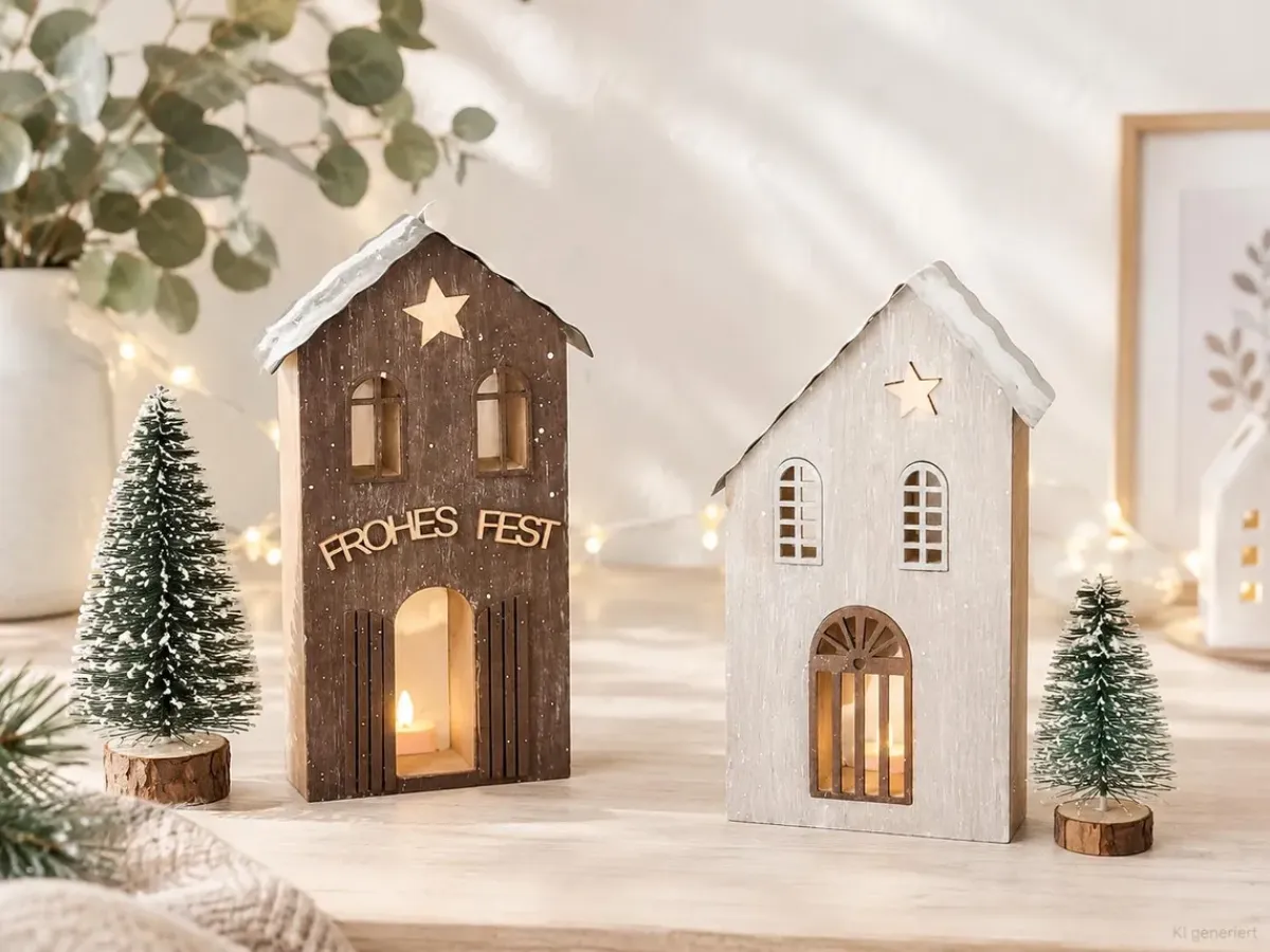 2er Set dekorative Holzhäuser – Weihnachtsdeko & Winterdeko