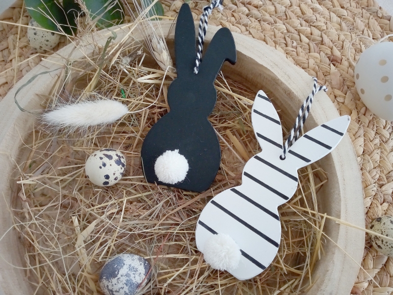 Holz Anhänger Hase schwarz weiß