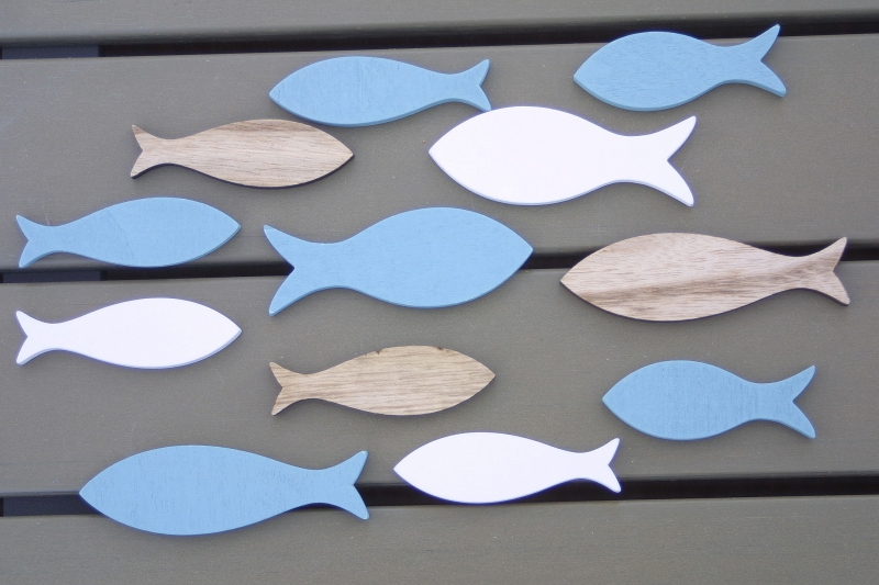 Holz Fische groß blau weiß natur