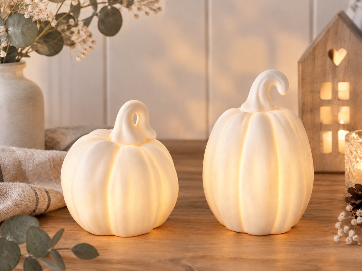 2er Set LED Kürbisse Weiß Matt – Warmweißes Licht – Herbst- & Halloween-Deko