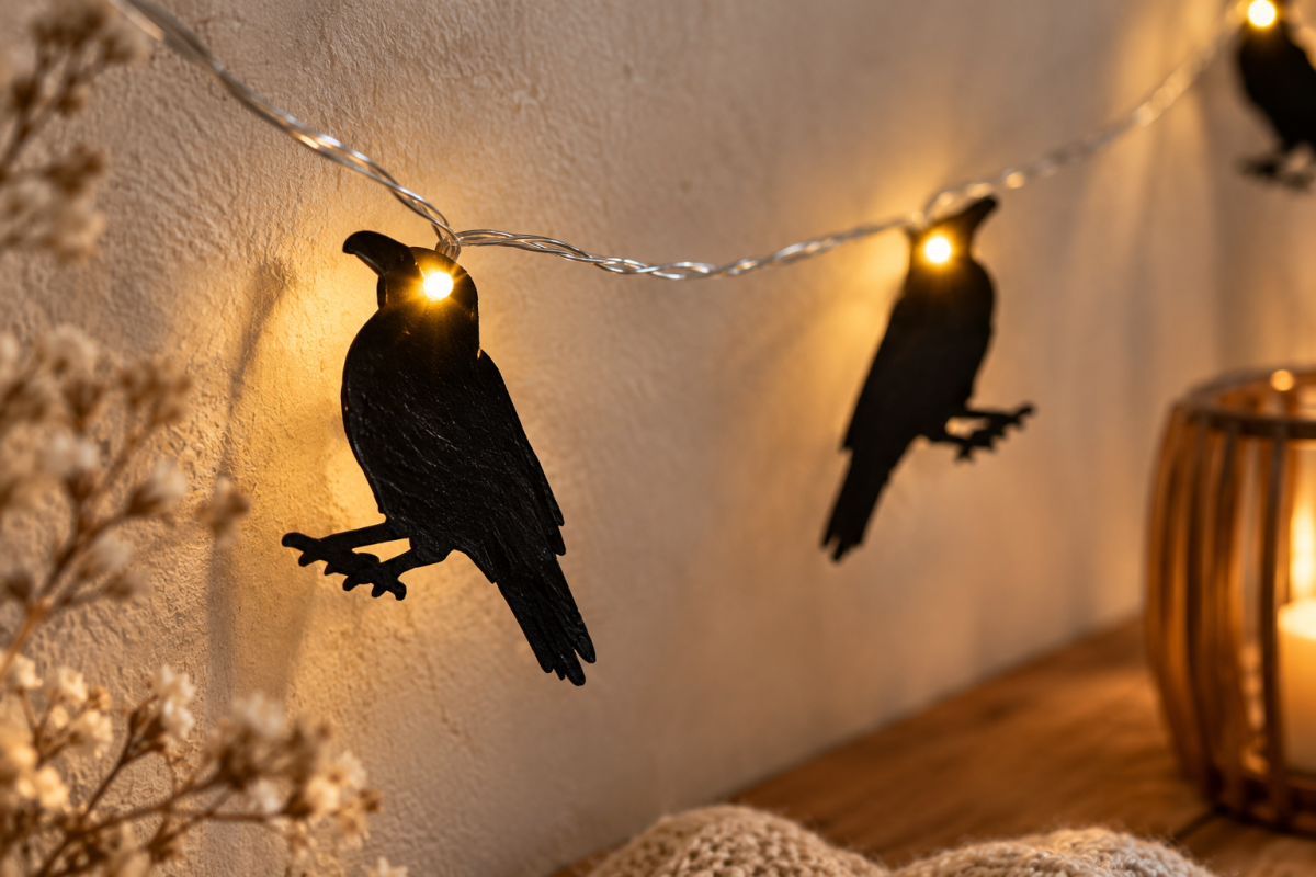 Raben-Lichterkette 2 m – Schwarze Raben – Halloween Deko – Gothic & Grusel Dekoration