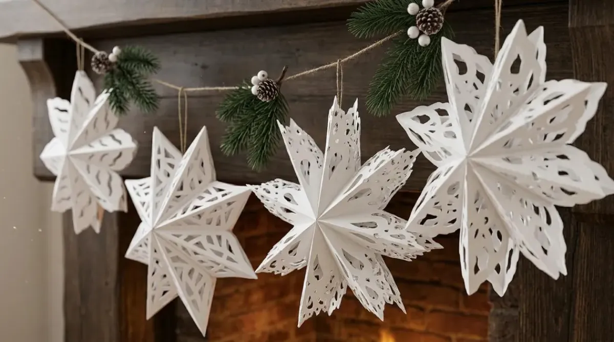 4er Set Papier-Schneeflocken mit Magnetverschluss – Weihnachtsdeko zum Aufhängen, Fensterdeko