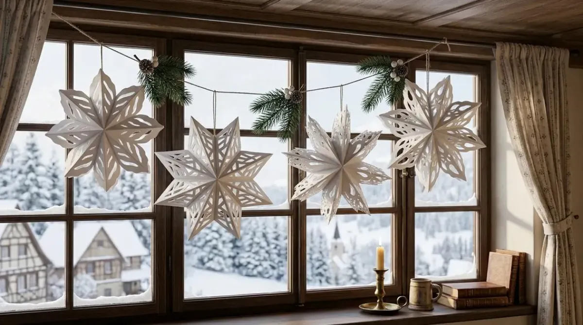 4er Set Papier-Schneeflocken mit Magnetverschluss – Weihnachtsdeko zum Aufhängen, Fensterdeko