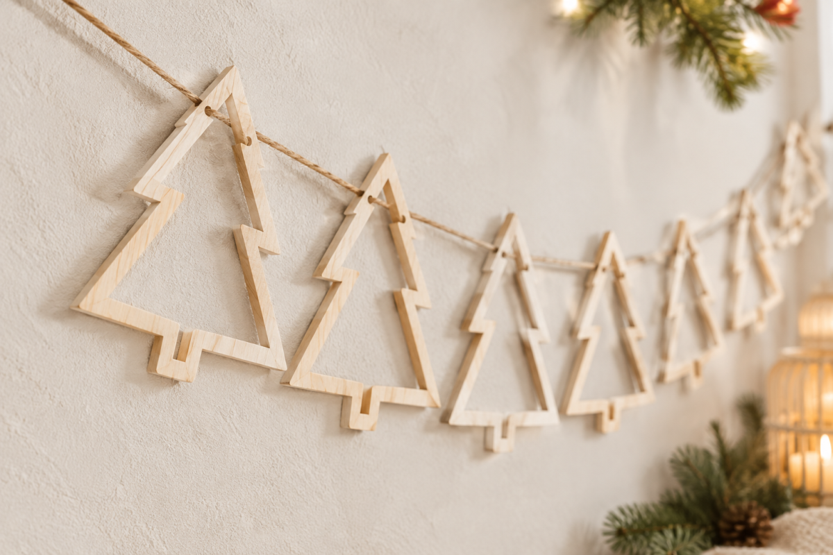 Holz Tannenbaum Girlande – 8 Tannen aus Holz – Skandinavische Weihnachtsdeko