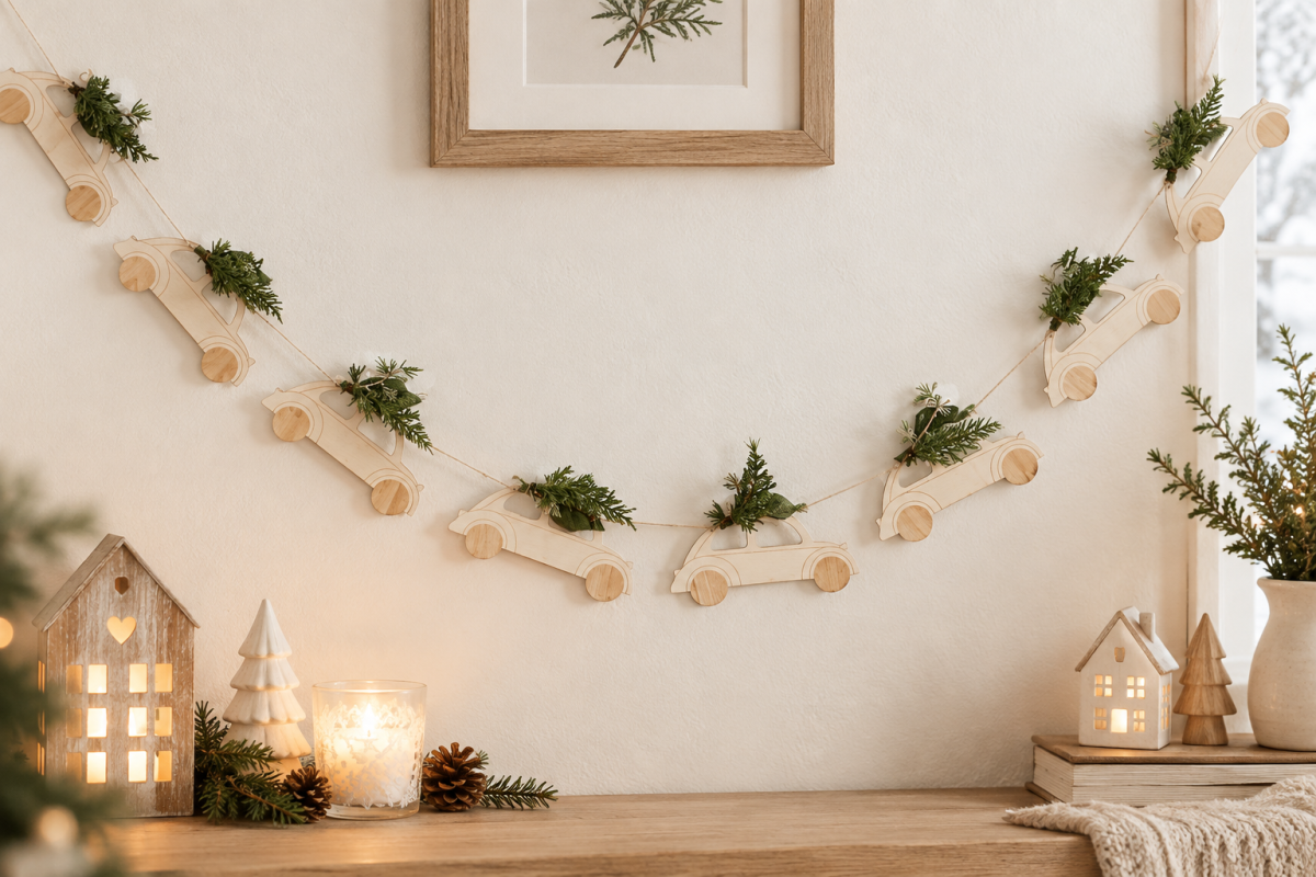 Weihnachtsgirlande mit Holzautos – Skandinavische Weihnachtsdeko