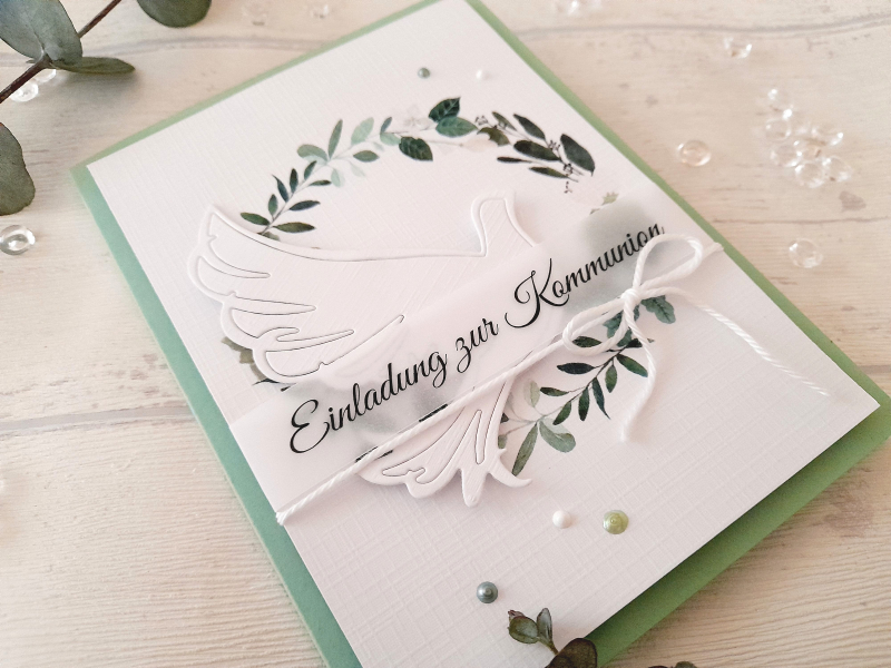Einladungskarte Kommunion grün Taube