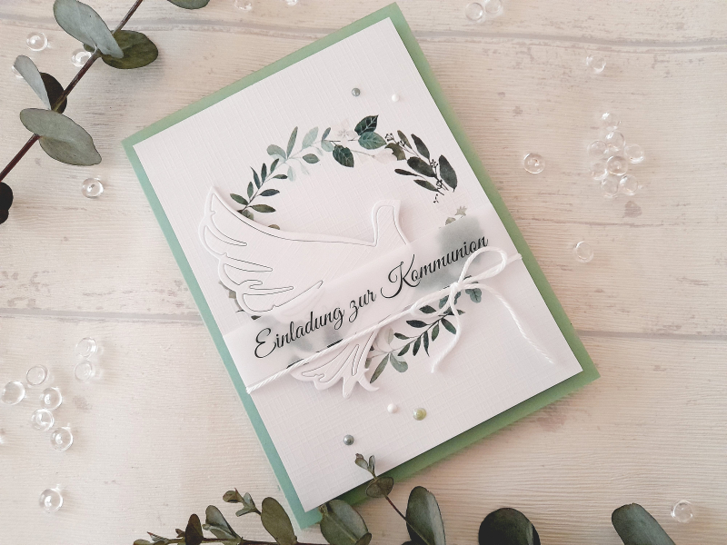 Einladungskarte Kommunion grün Taube
